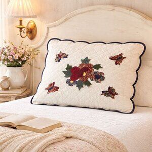 VTG Patchwork Quilted Pillow Sham Shabby Chic Butterfly Garden Design Scalloped